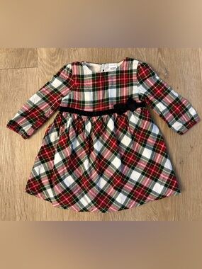 Carter's Girl's Size 9 Months Red Green White Plaid Dress with Black Velvet Bow